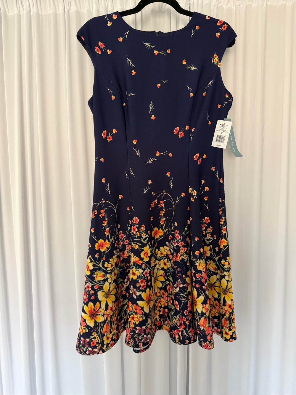 London Times Navy Dress with Yellow and Orange Floral Print